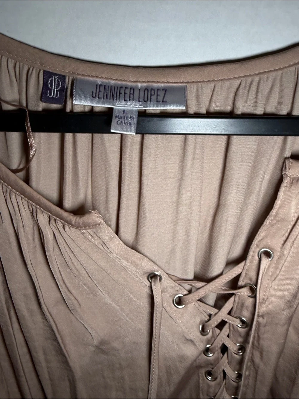 Jennifer Lopez Taupe‎ Lace-Up Peasant Top